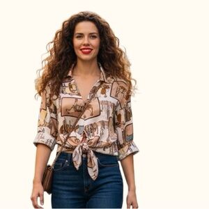 Vintage Style Equestrian Horse Print Tie-Waist Blouse - Size Small